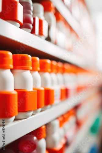 Wallpaper background of pharmacy shelf with rows of pill bottles and boxes, showcase of pharmaceuticals and medication supply, copy space, vertical.