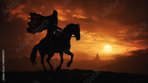 a medieval warrior on horseback silhouette. Generative  ai