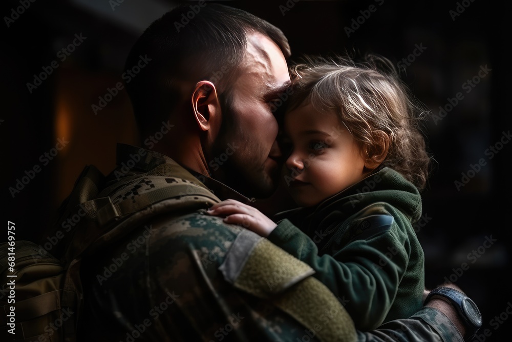 Brave soldier tenderly holds a small child in their arms Brave soldier tenderly holds a small child in their arms