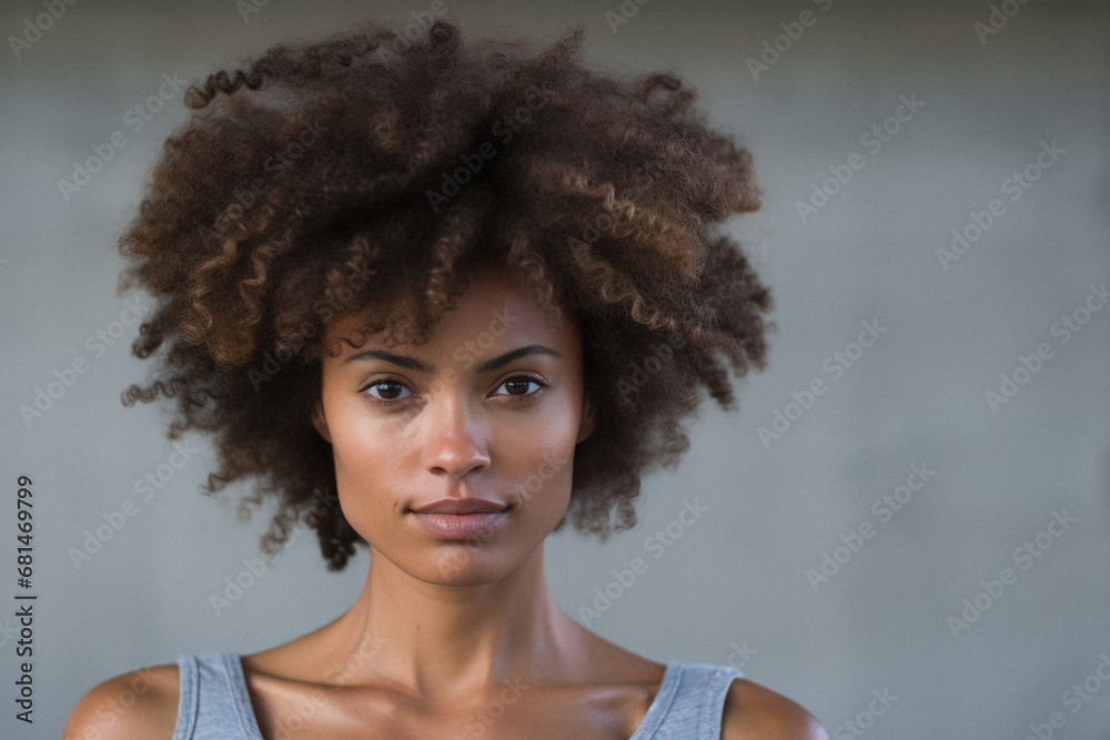 Portrait of serious young woman with afro hairstyle in fitness studio.