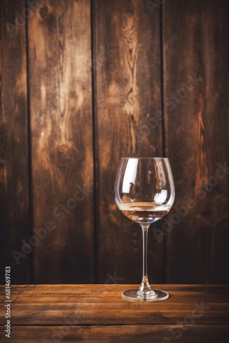 Empty wine glass on a rustic wooden table  AI generated illustration