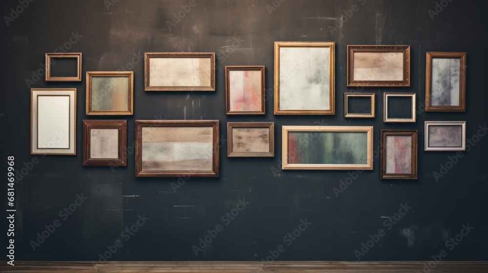 Gallery wall with empty wooden picture frames AI generated illustration