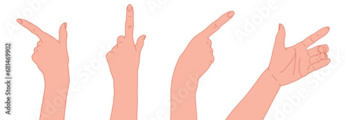 Set of hands showing direction. Gesturing hands. Forefinger sign. Open hand