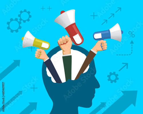 Hands with megaphones from a human head. Stock vector illustration