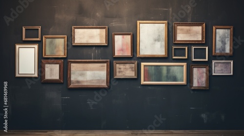 Gallery wall with empty wooden picture frames  AI generated illustration photo