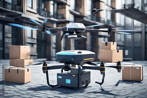 Advanced drone delivery system with drones transporting packages in a seamless and efficient urban environment. photo