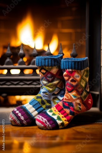 Hand-knitted socks on a rug next to a burning fireplace AI generated illustration
