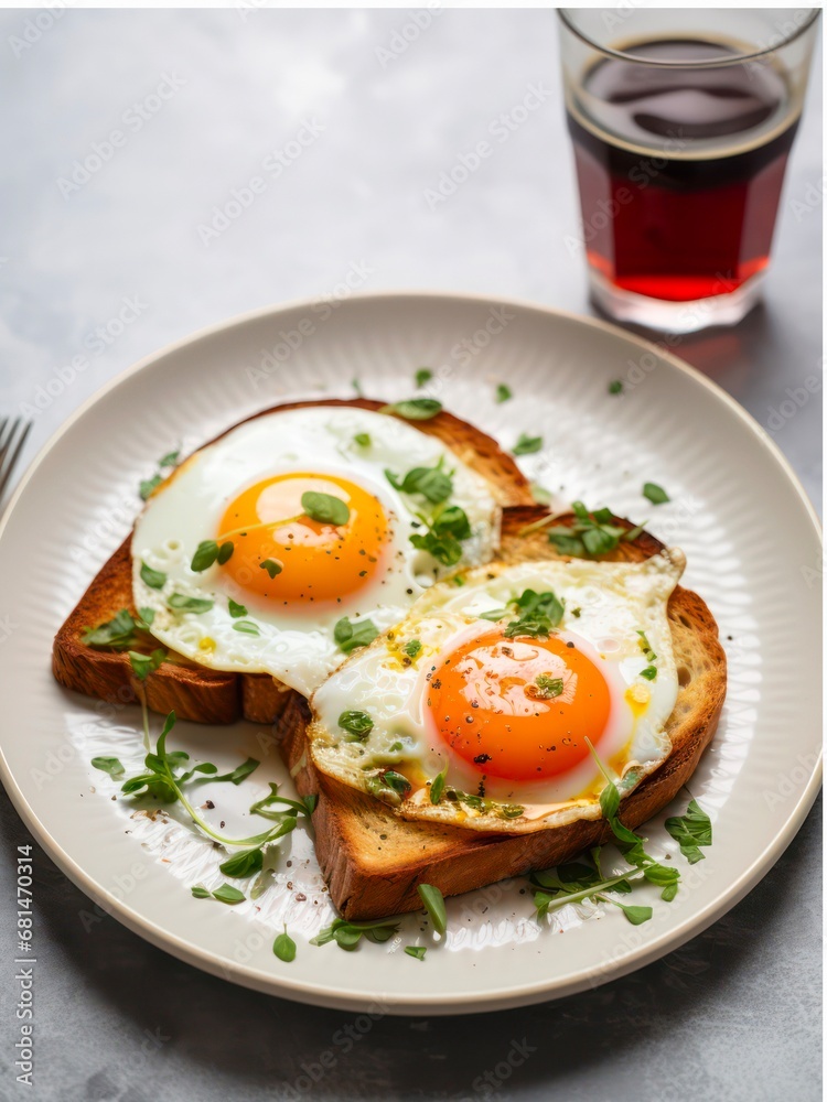 Toasts with fried eggs on a plate and glass of black tea.