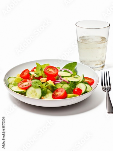 Vegetable salad and glass of water on white background.