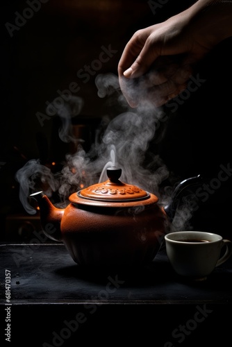 Hands holding a warm ceramic teapot in front of a kettle boiling on a stove AI generated illustration