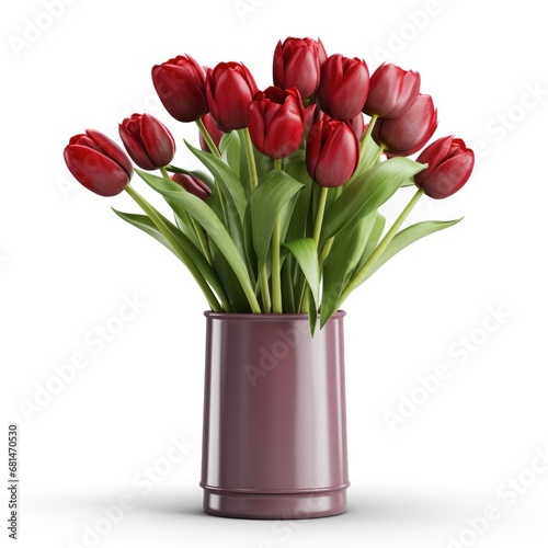 A vase filled with red tulips on a white background