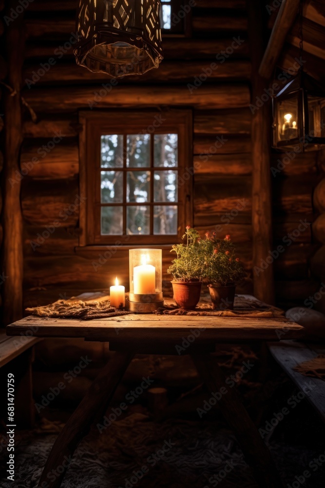 Interior of a rustic wooden cabin with flickering candlelight  AI generated illustration