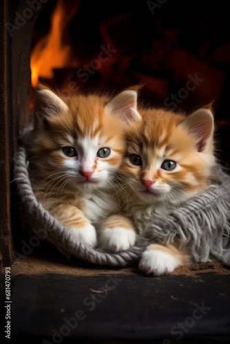Kittens nestled together by the fireplace  AI generated illustration © ArtStage