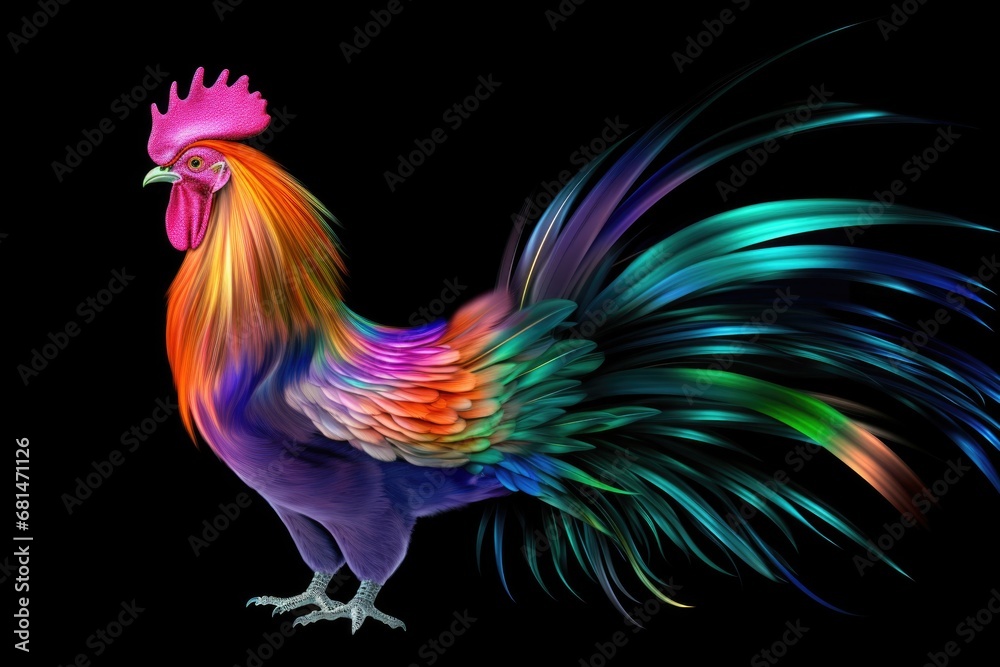 A colorful rooster standing on a black background