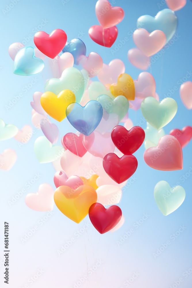 Heart Shape on blue Background. Love, Romance and Valentine's Day. Hearts levitating in sky vertical background in pastel colors