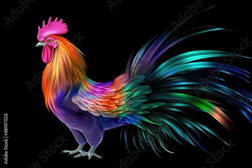 A colorful rooster standing on a black background © Friedbert