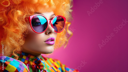 Close-up portrait of a fashionable young woman dressed in y2k style with large retro sunglasses, colourful shirt, make-up, wearing curly perm dyed orange, copy space. photo