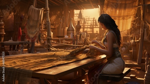 a scene of an Egyptian weaver crafting intricate textiles for the elite