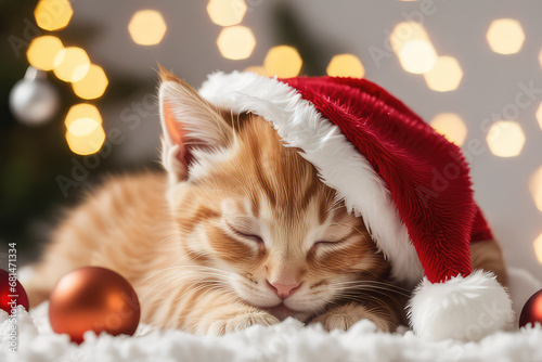 Cute ginger kitten in red Santa hat sleeping among Christmas decor with garland lights bokeh festive background.Generative AI