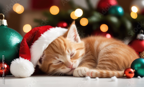 Cute ginger kitten in red Santa hat sleeping among Christmas decor with garland lights bokeh festive background.Generative AI