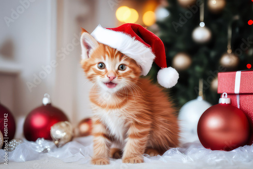 Cute ginger kitten in red Santa hat sitting among Christmas decor with garland lights bokeh festive background.Generative AI