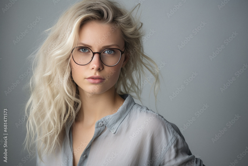 Portrait of a beautiful young woman with blond hair and glasses.