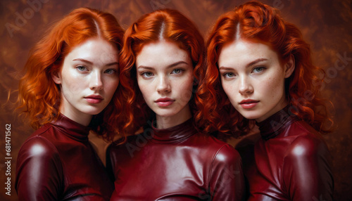 Portraits of red hair triplets woman