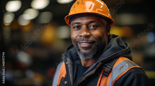 Smiling Portrait of Mature African American man engineer industrial-machinery mechanic in orange hard hat and safety vest and standing in modern factory workshop © Edward