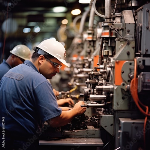 Skilled individuals operating various machines in a manufacturing or industrial