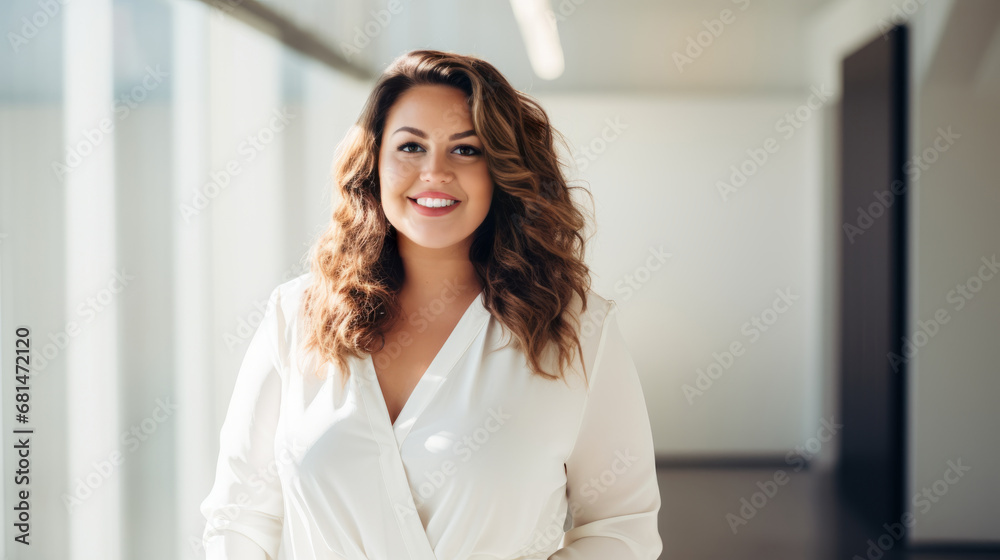Body-Positive Professional: Confident Plus-Size Businesswoman in Chic Office Body-Positive Professional: Confident Plus-Size Businesswoman in Chic Office