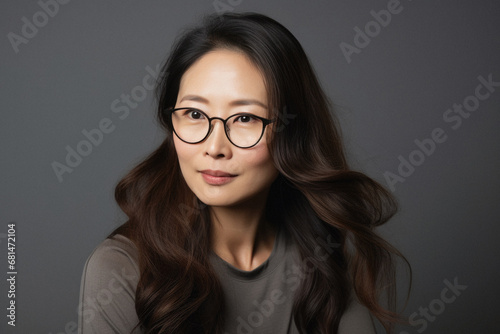 Portrait of a beautiful Asian woman wearing eyeglasses on grey background.