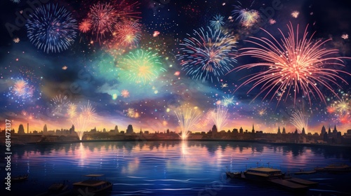 Lively and colorful fireworks exploding in a night sky AI generated illustration