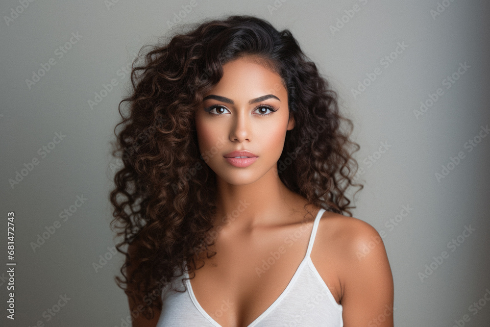 Portrait of beautiful young woman with curly hair. Brunette girl. Portrait of beautiful young woman with curly hair. Brunette girl.