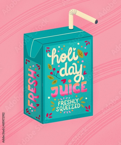 Juice box with hand lettering holiday juice. Cute festive winter holiday illustration. Bright colorful pink and blue greeting card.