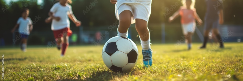 Fototapeta premium Kids soccer football - young children players match on soccer field. Banner