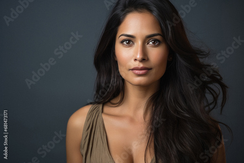 Portrait of a beautiful brunette latin woman on a dark background.