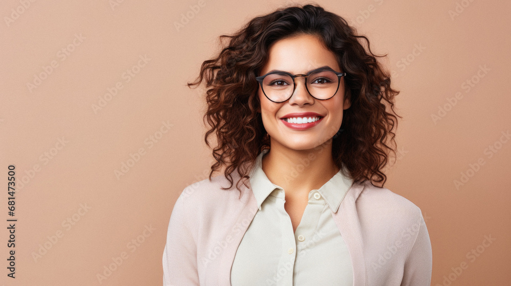 Business, people and office concept - smiling businesswoman in eyeglasses over pink background.