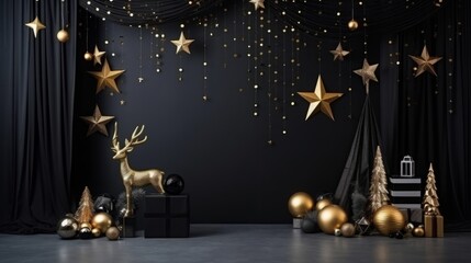 Festive Christmas or New Year photo studio background: dark black stylish walls, golden christmas ornaments, photo frame, a reindeer statue decoration, stars and sparkles