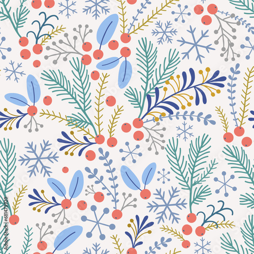 Vector seamless pattern with cranberry berries, snowflakes and pine twigs on a light background in Christmas style.
