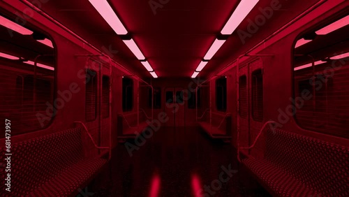 Moving slowly down the center of an old abandoned subway train with creepy red lights flickering overhead.