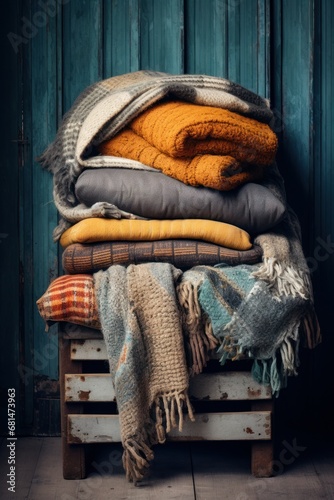 Stack of cozy blankets and pillows on a vintage wooden chair AI generated illustration