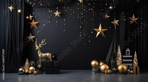 Festive Christmas or New Year photo studio background: dark black stylish walls, golden christmas ornaments, photo frame, a reindeer statue decoration, stars and sparkles