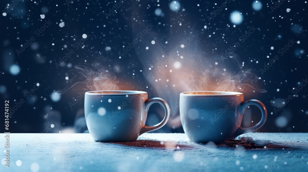Obraz premium Steaming mugs of tea on a table while its snowing outside AI generated illustration
