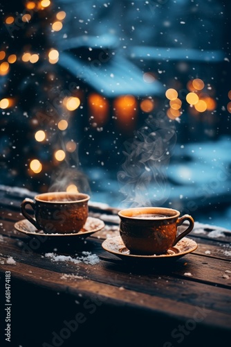 Steaming mugs of tea on a table while its snowing outside  AI generated illustration