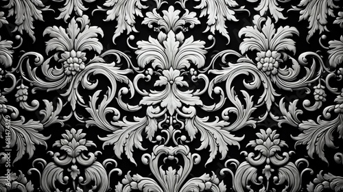 An intricate black and white texture background featuring a seamless damask pattern, suitable for adding a touch of opulence and sophistication to your designs