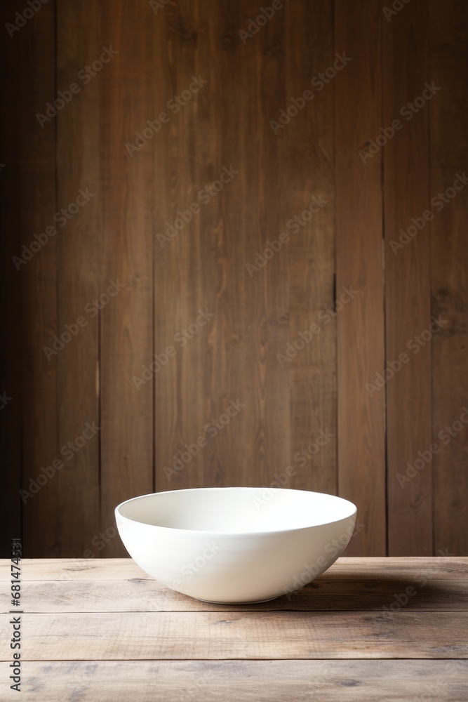 Unadorned white ceramic bowl on a wooden surface AI generated illustration Unadorned white ceramic bowl on a wooden surface AI generated illustration