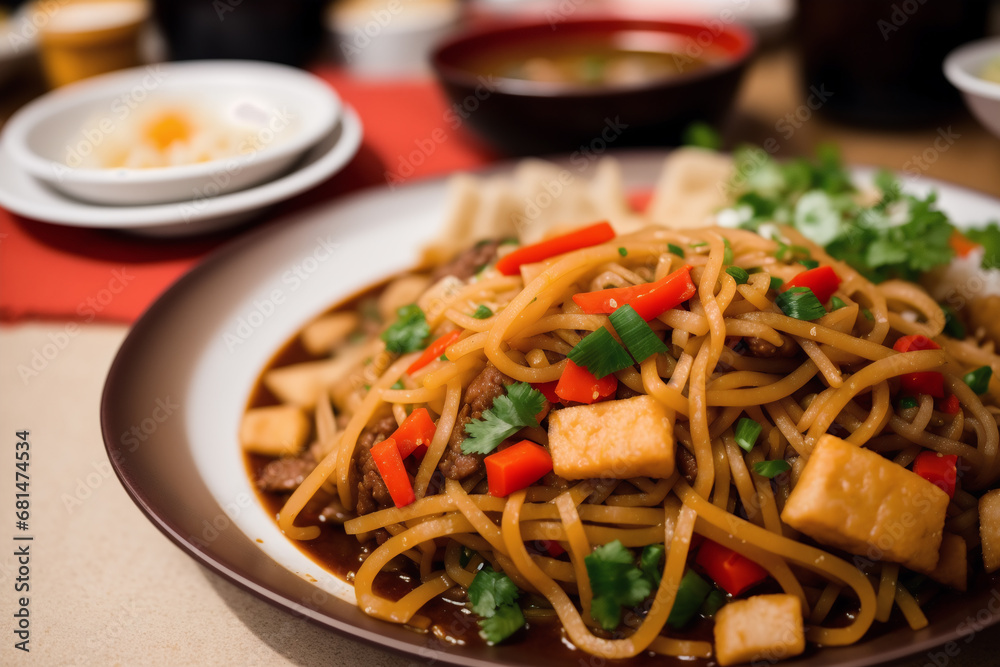 Chinese food, Stir-fried pork in sweet and sour sauce with rice. Chicken noodle soup. Generative AI Chinese food, Stir-fried pork in sweet and sour sauce with rice. Chicken noodle soup. Generative AI