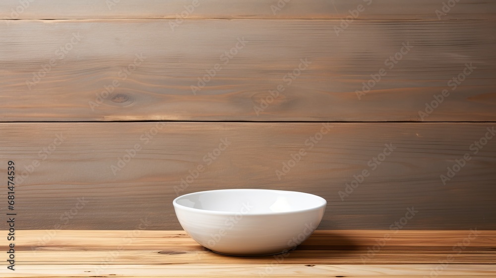 Unadorned white ceramic bowl on a wooden surface  AI generated illustration
