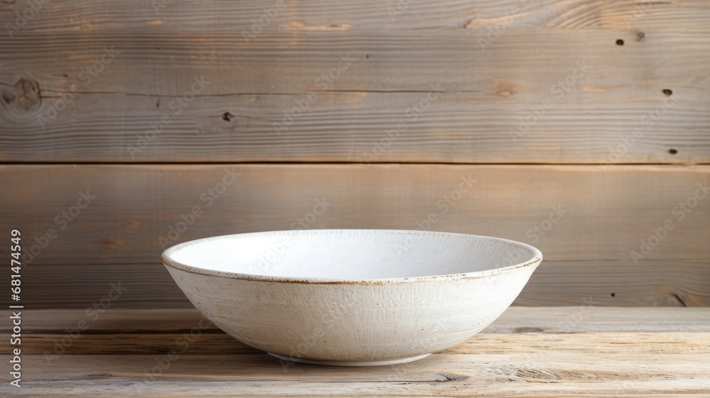 Unadorned white ceramic bowl on a wooden surface  AI generated illustration