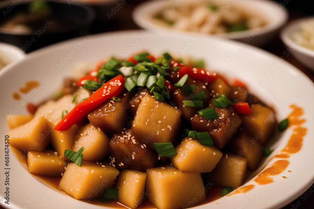 Chinese food, Stir-fried pork in sweet and sour sauce with rice. Chicken noodle soup. Generative AI